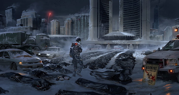 солдат, стоящий между белыми транспортными средствами, цифровые обои, видеоигры, апокалипсис, Tom Clancy's The Division, Ubisoft, Торонто, произведение искусства, цифровое искусство, снег, город, научная фантастика, HD обои