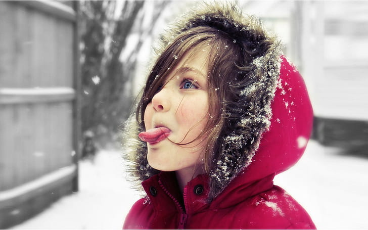 девушка красная балахон, дети, капюшоны, снег, HD обои