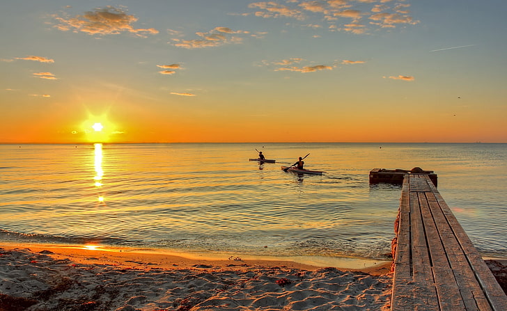 Kayak di mare, anatra di legno marrone, natura, spiaggia, kayak, Sfondo HD