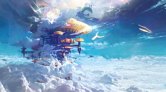 облака, Rayquaza, покемон, аниме, цифровое искусство, небо, HD обои HD wallpaper