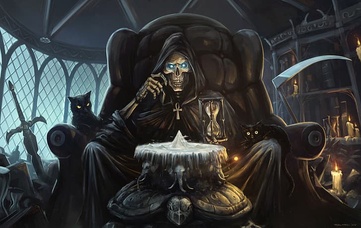 Fran Fdez, Grim Reaper, black cats, scythe, sword, death, Discworld, HD wallpaper