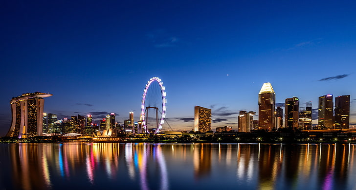 Singapore Eye and Marina Bay Sands, Singapore, ferris wheel, night city, skyscrapers, ocean, beach, HD wallpaper