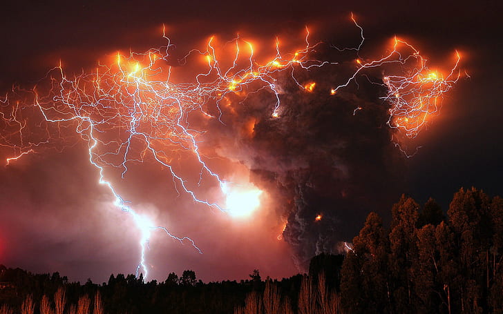 gunung berapi, letusan, alam, Chili, malam, pemandangan, kilat, pohon, hutan, asap, langit, awan, Wallpaper HD