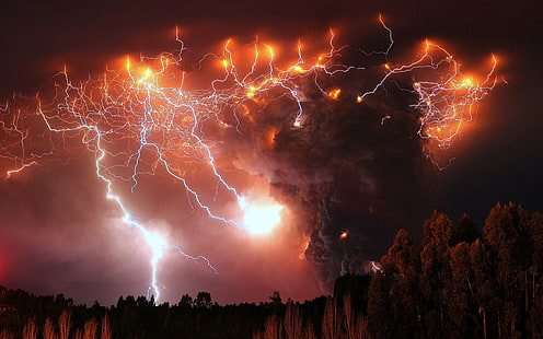 gunung berapi, letusan, alam, Chili, malam, pemandangan, kilat, pohon, hutan, asap, langit, awan, Wallpaper HD HD wallpaper