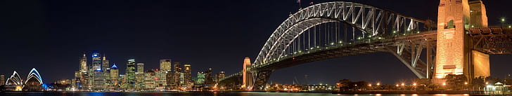 Brooklyn Bridge, Nowy Jork, noc, miasto, most, Sydney Harbour Bridge, potrójny ekran, Sydney, Tapety HD