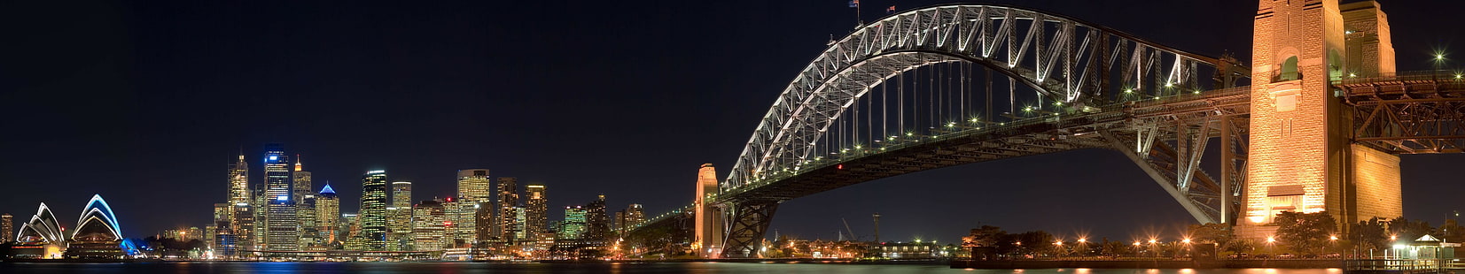 Brooklyn Bridge, New York, night, city, bridge, Sydney Harbour Bridge, triple screen, Sydney, HD wallpaper HD wallpaper