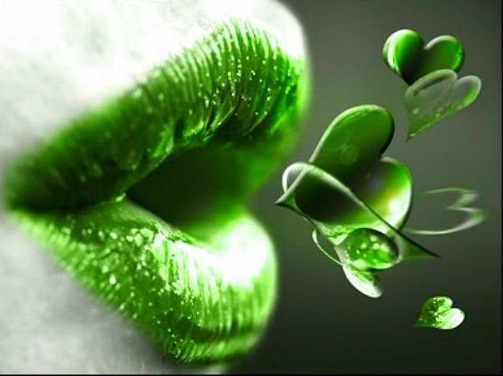 abstract, green, hearts, kiss, lip, mouth, HD wallpaper