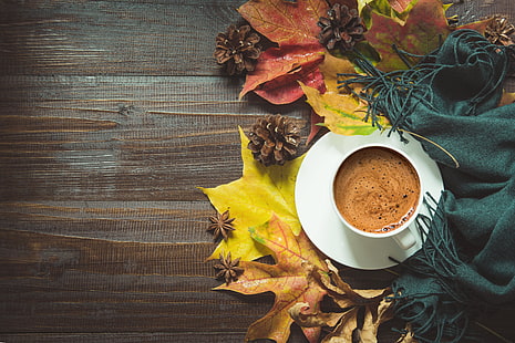 Еда, кофе, чашка, напиток, осень, лист, натюрморт, HD обои HD wallpaper