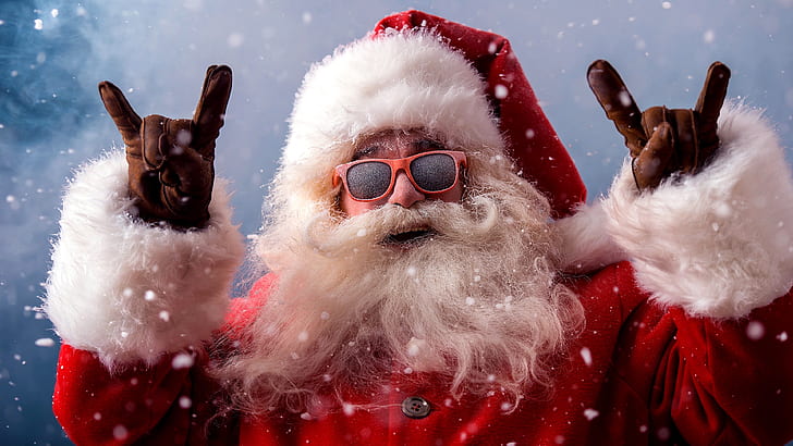 забавен, Дядо Коледа, дяволски рога ръка, дяволски рога ръце, дяволски рога, рога, знак, пръсти, ръце, Коледа, Коледа, слънчеви очила, слънчеви очила, HD тапет