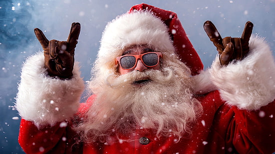 забавен, Дядо Коледа, дяволски рога ръка, дяволски рога ръце, дяволски рога, рога, знак, пръсти, ръце, Коледа, Коледа, слънчеви очила, слънчеви очила, HD тапет HD wallpaper