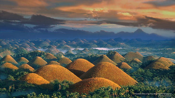 Шоколадови хълмове при изгрев, остров Бохол, Филипини, Азия, HD тапет