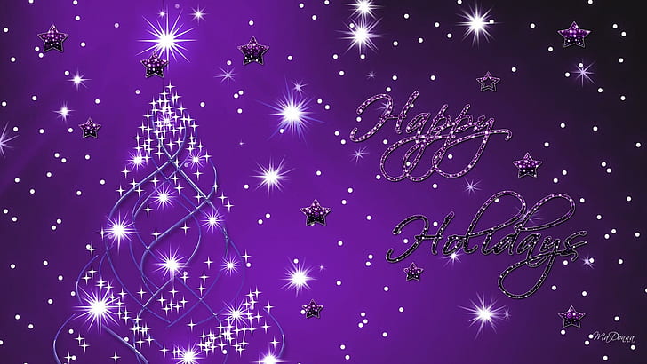 Happy Holiday Purple, dekorationer, snöflingor, stjärnor, jul, träd, ljusa, feliz navidad, glitter, snöar, glans, 3d och, HD tapet