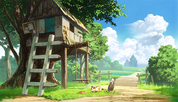 аниме пейзаж, дом на дереве, кошки, облака, живописные, аниме, HD обои