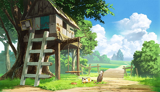 anime landscape, tree house, cats, clouds, scenic, Anime, HD wallpaper HD wallpaper