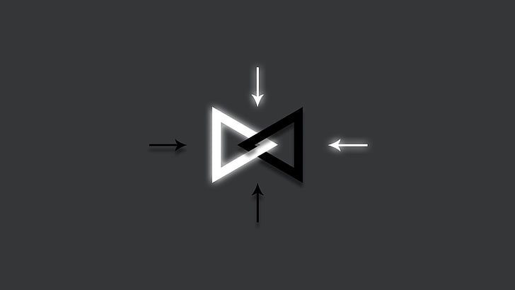 Schwarzweiss-Wanduhr, Dreieck, Geometrie, Pfeile, grauer Hintergrund, HD-Hintergrundbild