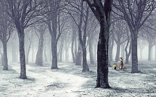 Calvin i Hobbes, śnieg, drzewa, zima, Tapety HD HD wallpaper
