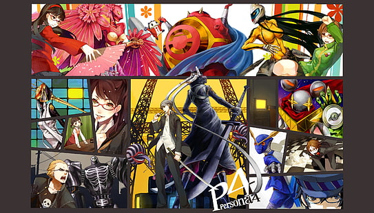 Serie Persona, Persona 4, Hanamura Yosuke, Narukami Yu, Amagi Yukiko, Satonaka Chie, Kujikawa Rise, Tatsumi Kanji, Shirogane Naoto, Sfondo HD HD wallpaper