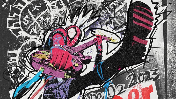 комиксы, Spider-Man: Across the Spider-Verse, Spider Punk, гитара, боди, Человек-Паук, музыкальный инструмент, фан-арт, супергерой, HD обои