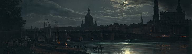 ultrawide, lukisan, Johan Christian Dahl, Dresden, cahaya bulan, pemandangan, Wallpaper HD
