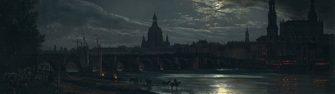  ultrawide, painting, Johan Christian Dahl, Dresden, moonlight, landscape, HD wallpaper HD wallpaper