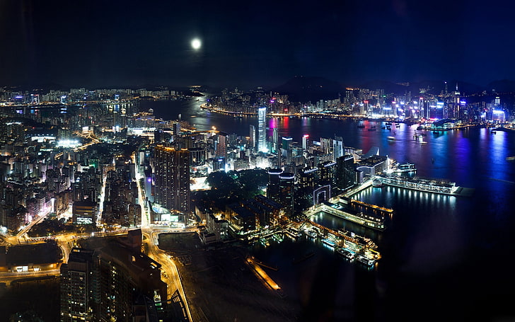 paisagem urbana à noite, hong kong, noite, luzes, vista superior, HD papel de parede