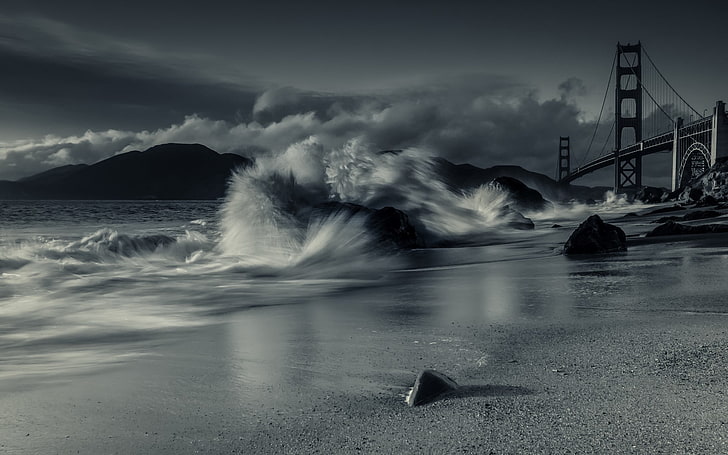 grayscale photo of Golden Gate Bridge, cityscape, monochrome, USA, architecture, Golden Gate Bridge, San Francisco Bay, waves, sea, beach, sand, rock, hills, clouds, long exposure, HD wallpaper