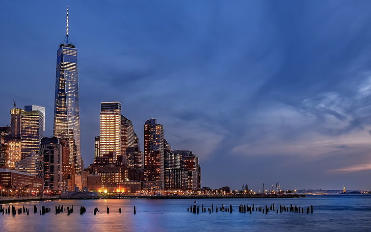 corpo de água, cidade de Nova York, Battery Park City, rio Hudson, arquitetura, HD papel de parede