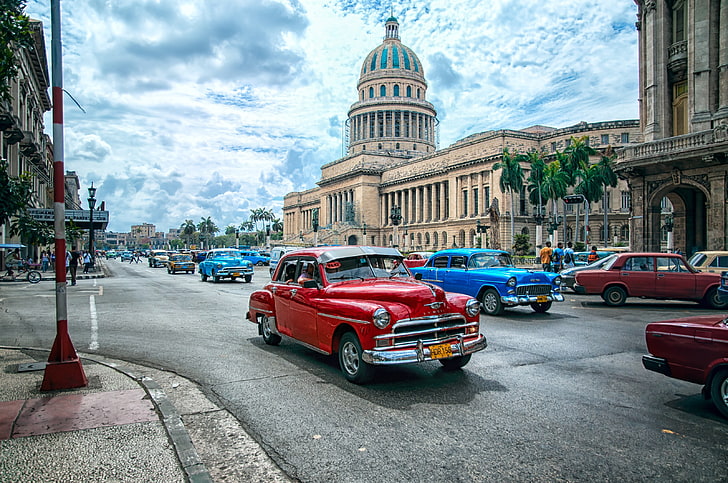 red car, town, city, sculpture, statue, Havana, Cuba, capital, street, car, crossroads, old car, classic car, architecture, building, palm trees, path, clouds, people, HDR, bicycle, theaters, old building, dome, lamp, taxi, HD wallpaper