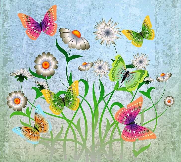 carta da parati sei farfalle di colori assortiti, farfalla, fiori, astratto, design, grunge, farfalle, Sfondo HD