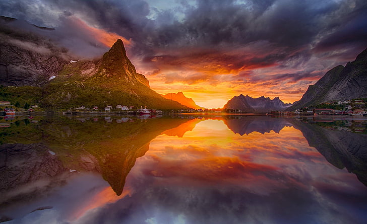 фотография, природа, пейзаж, полночь, солнце, отражение, деревня, фьорд, Лофотенские острова, закат, Норвегия, HD обои