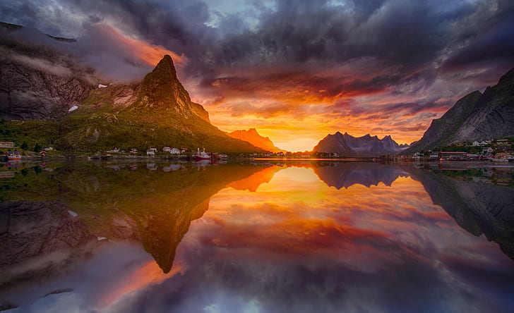 reflection, Lofoten Islands, midnight, landscape, Sun, fjord, nature, sunset, photography, Norway, village, HD wallpaper