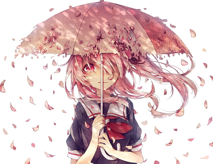 illustration du personnage anime aux cheveux roses, collection kantai, destructeur de harusame, parapluie, pétales, Fond d'écran HD