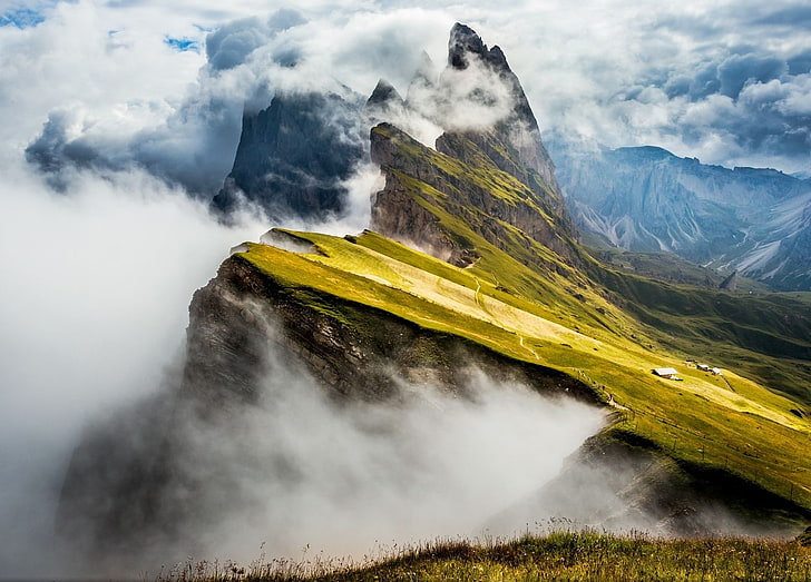 alam, fotografi, pemandangan, gunung, awan, rumput, kabin, puncak, pegunungan Alpen, Seiser Alm, Wallpaper HD