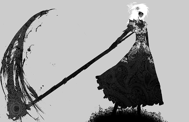 grim reaper illustration, scythe, monochrome, HD wallpaper