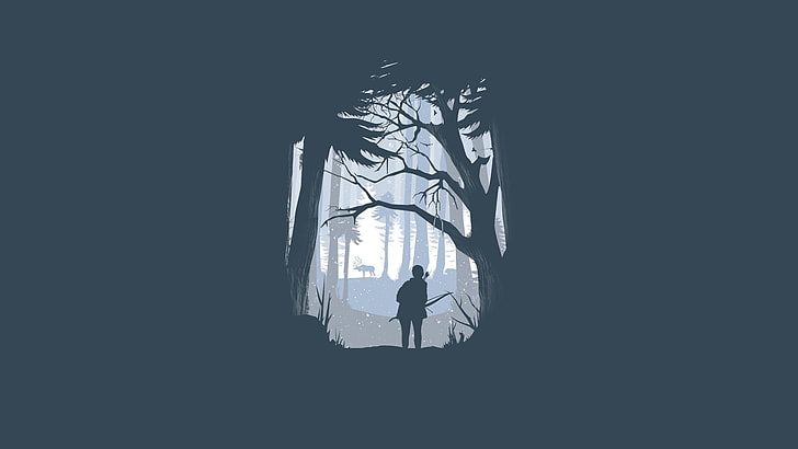 siluet orang, orang yang berdiri di antara siluet pohon, biru, minimalis, hutan, perburuan, musim dingin, The Last of Us, Wallpaper HD