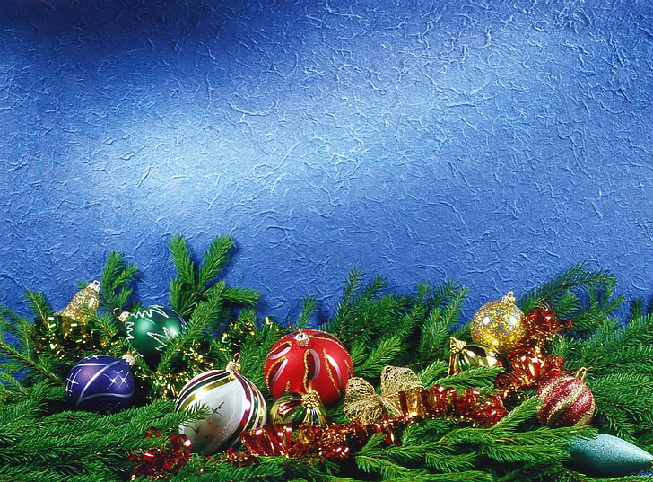 several assorted-color Christmas balls, christmas decorations, pine needles, tinsel, attributes, holiday, HD wallpaper