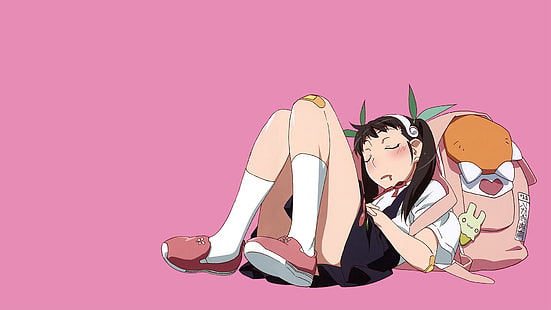 Monogatari-serien, Hachikuji Mayoi, animeflickor, rosa bakgrund, HD tapet HD wallpaper