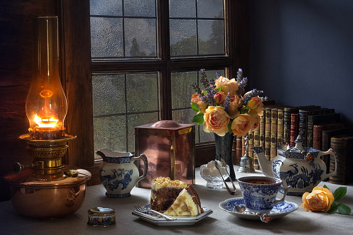 flowers, style, tea, books, lamp, roses, bouquet, window, still life, cake, HD wallpaper