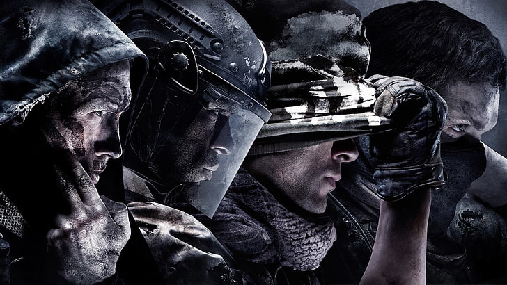 Четыре человека в армейском костюме, цифровые обои, Лицо, Солдаты, Маска, Военные, Activision, Экипировка, Бесконечность, Call of Duty: Ghosts, HD обои