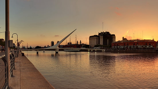 architecture, city, cityscape, bridge, river, building, ship, Buenos Aires, Argentina, sunset, fence, cranes (machine), ropes, HD wallpaper HD wallpaper