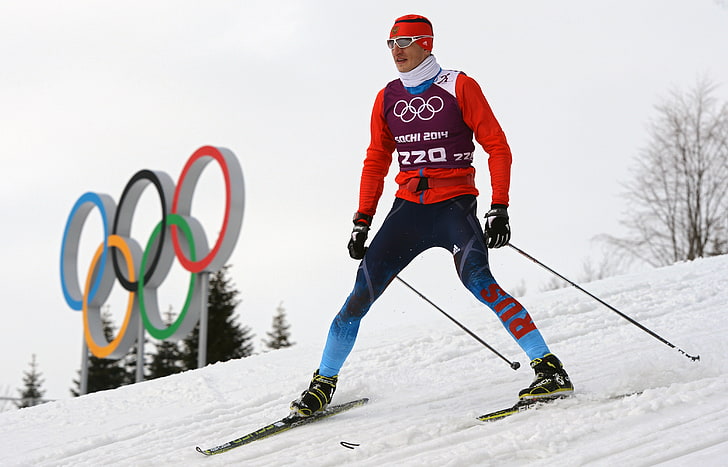 czerwono-fioletowa bluza męska, alexander lekki, srebrny medalista, soczi 2014, XXII zimowe igrzyska olimpijskie, rosja, narciarz, śnieg, koła olimpijskie, Tapety HD