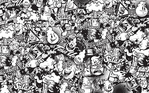 анимационни герои печат, фигура, черно и бяло, графити, HD тапет HD wallpaper