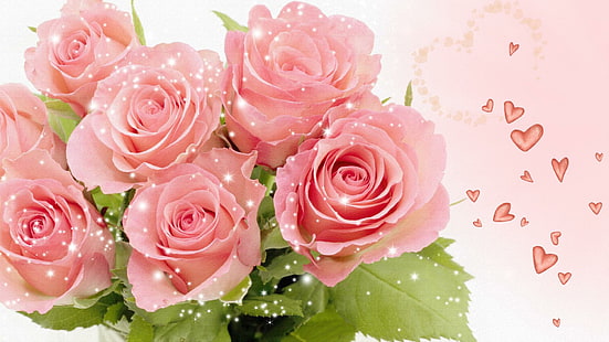 ピンクのバラの花束、ピンクの花びらの花、Firefoxペルソナ、バラ、星、ピンク、花、バレンタインデー、ハート、夏、輝き、3 dと抽象、 HDデスクトップの壁紙 HD wallpaper