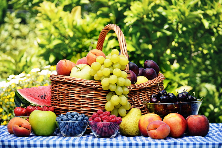 brown wicker fruit basket, cherry, berries, raspberry, table, basket, apples, watermelon, blueberries, strawberry, plate, grapes, fruit, peaches, plum, pear, tablecloth, apricots, nectarine, HD wallpaper