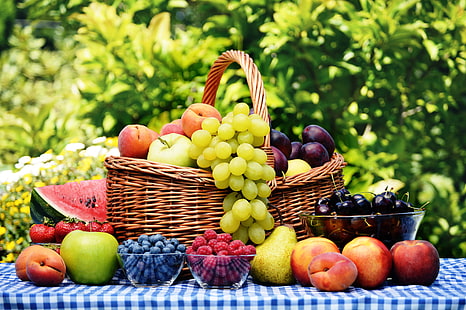 brown wicker fruit basket, cherry, berries, raspberry, table, basket, apples, watermelon, blueberries, strawberry, plate, grapes, fruit, peaches, plum, pear, tablecloth, apricots, nectarine, HD wallpaper HD wallpaper