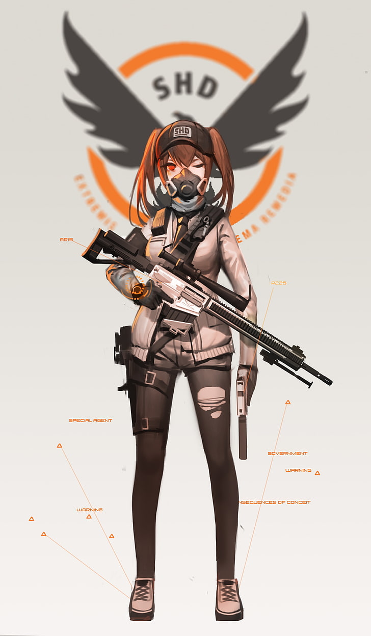 female holding rifle character, anime, anime girls, Tom Clancy's The Division, twintails, long hair, brunette, red eyes, weapon, sniper rifle, gun, HD wallpaper