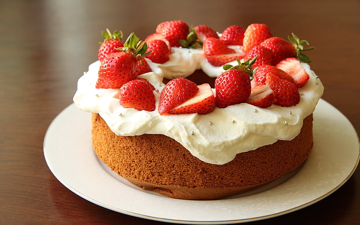 strawberries, food, strawberry, cake, HD wallpaper