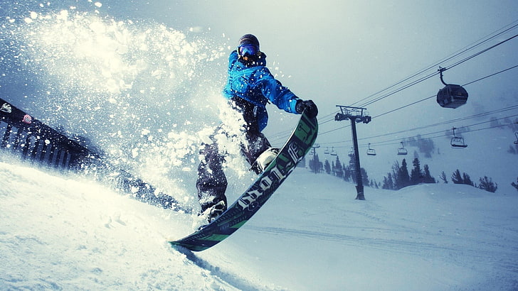 человек катается на сноуборде, сноуборды, снег, горы, спорт, зима, HD обои