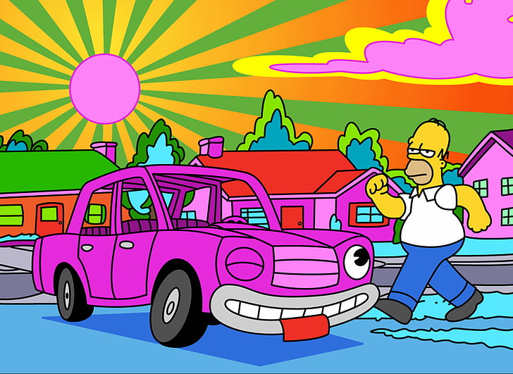 Los Simpson, Homer Simpson, dibujos animados, psicodélico, rosa, Fondo de pantalla HD