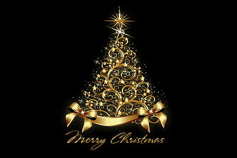 Merry Christmas text, tree, New Year, Christmas, golden, Merry Christmas, xmas, HD wallpaper HD wallpaper